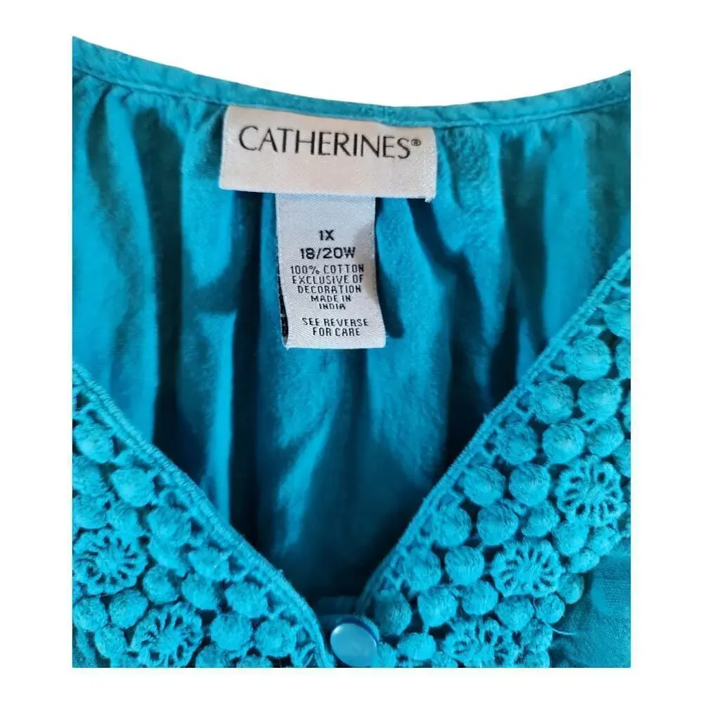 Catherine's women's sz 1X 18/20 cotton tunic blouse teal‎ 3/4 sleeve